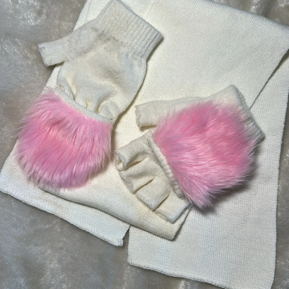 White and pink Mittens fashion gloves for ki open fingers cure fur